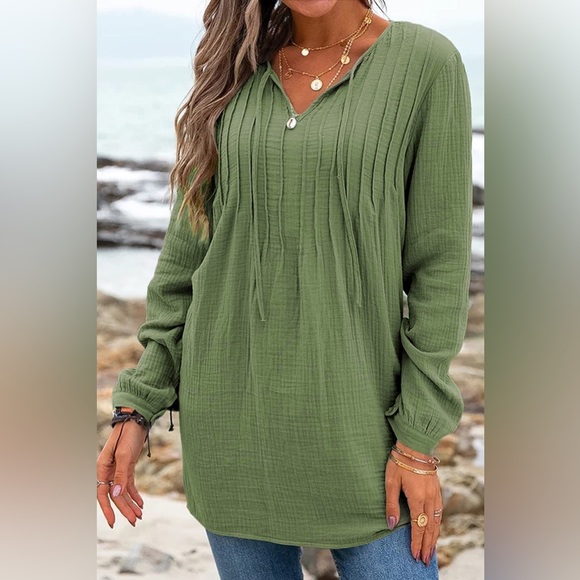 Ruched Long Sleeve Tie Neck T-Shirt - Picture 1 of 3